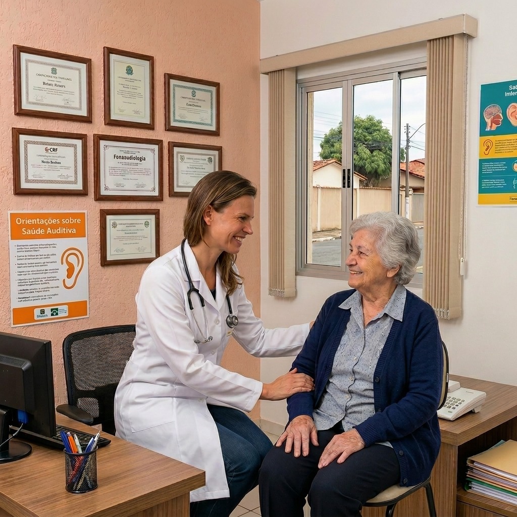 Doutora fonoaudióloga conversando com paciente idosa